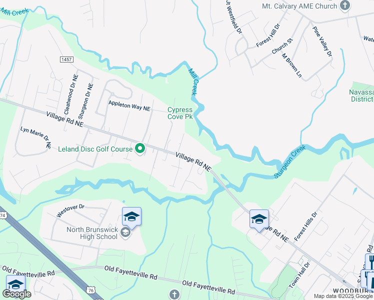 map of restaurants, bars, coffee shops, grocery stores, and more near 788 Village Road Northeast in Leland
