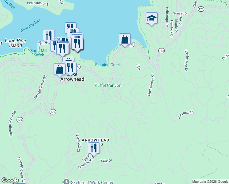 map of restaurants, bars, coffee shops, grocery stores, and more near 28432 Fresh Spring Lane in Lake Arrowhead