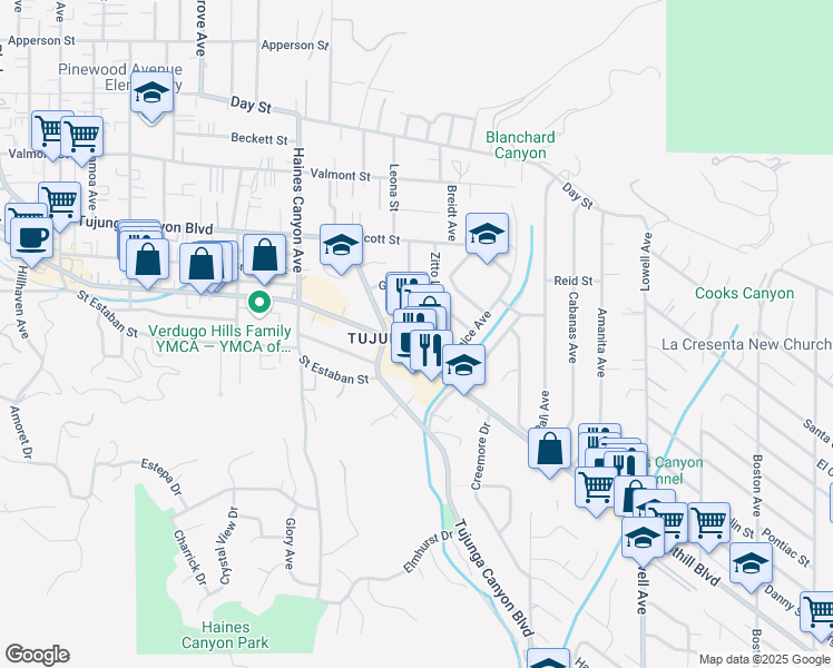 map of restaurants, bars, coffee shops, grocery stores, and more near 6571 Foothill Boulevard in Los Angeles