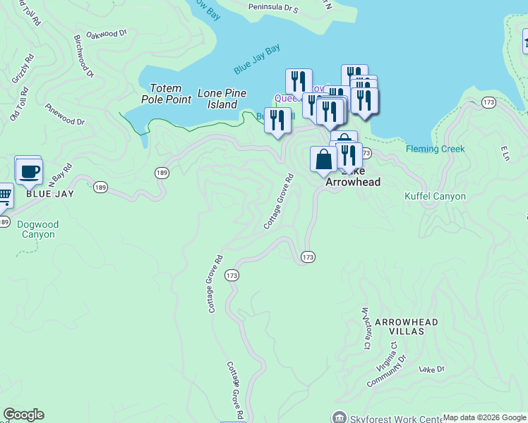 map of restaurants, bars, coffee shops, grocery stores, and more near 378 Hillside Road in Lake Arrowhead