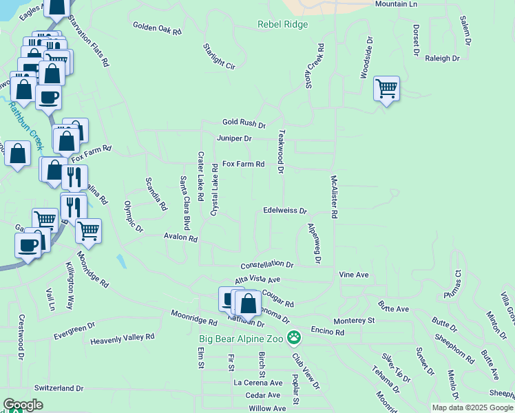 map of restaurants, bars, coffee shops, grocery stores, and more near 42682 Edelweiss Drive in Big Bear Lake