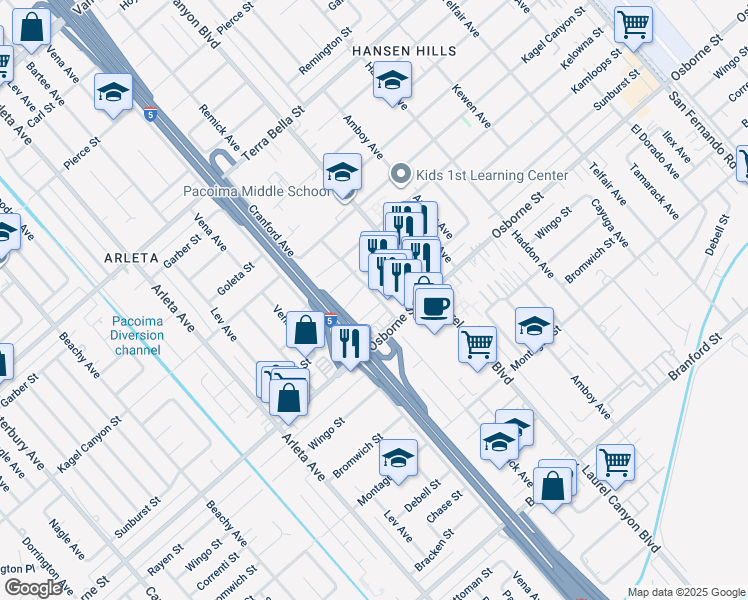 map of restaurants, bars, coffee shops, grocery stores, and more near 9713 Remick Avenue in Los Angeles