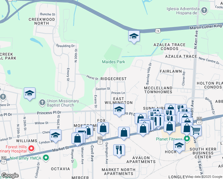 map of restaurants, bars, coffee shops, grocery stores, and more near 509 Manly Avenue in Wilmington
