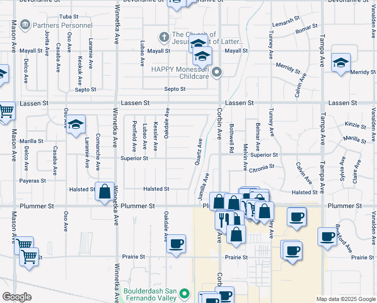 map of restaurants, bars, coffee shops, grocery stores, and more near 19806 Needles Street in Los Angeles
