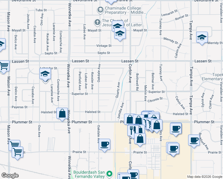map of restaurants, bars, coffee shops, grocery stores, and more near 19806 Needles Street in Los Angeles