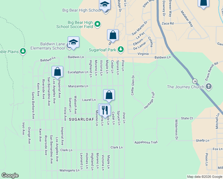 map of restaurants, bars, coffee shops, grocery stores, and more near 316 Cedar Lane in Big Bear