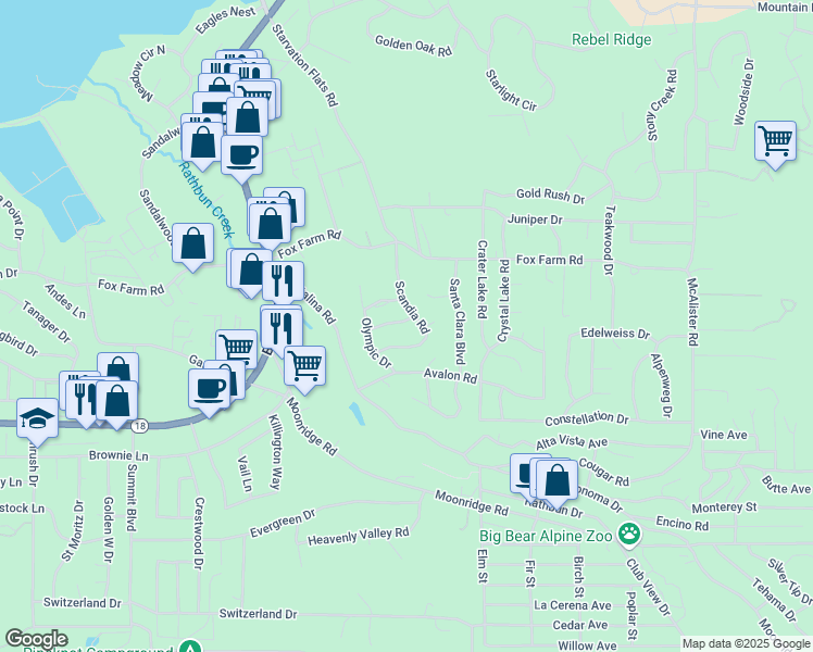 map of restaurants, bars, coffee shops, grocery stores, and more near 42377 Paramount Road in Big Bear Lake