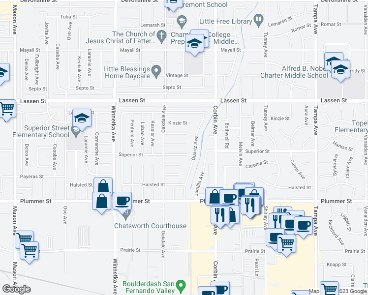 map of restaurants, bars, coffee shops, grocery stores, and more near 19806 Needles Street in Los Angeles