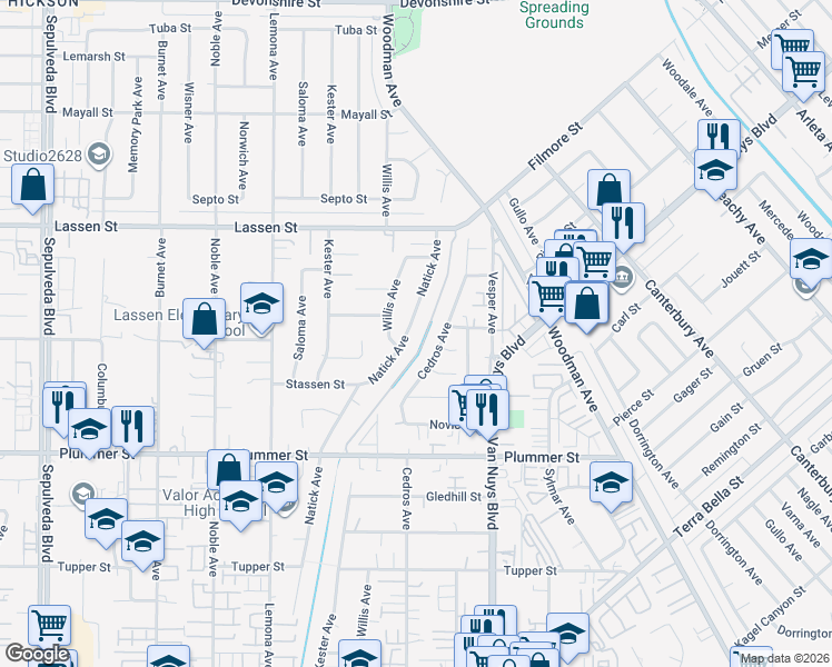 map of restaurants, bars, coffee shops, grocery stores, and more near 9716 Natick Avenue in Los Angeles