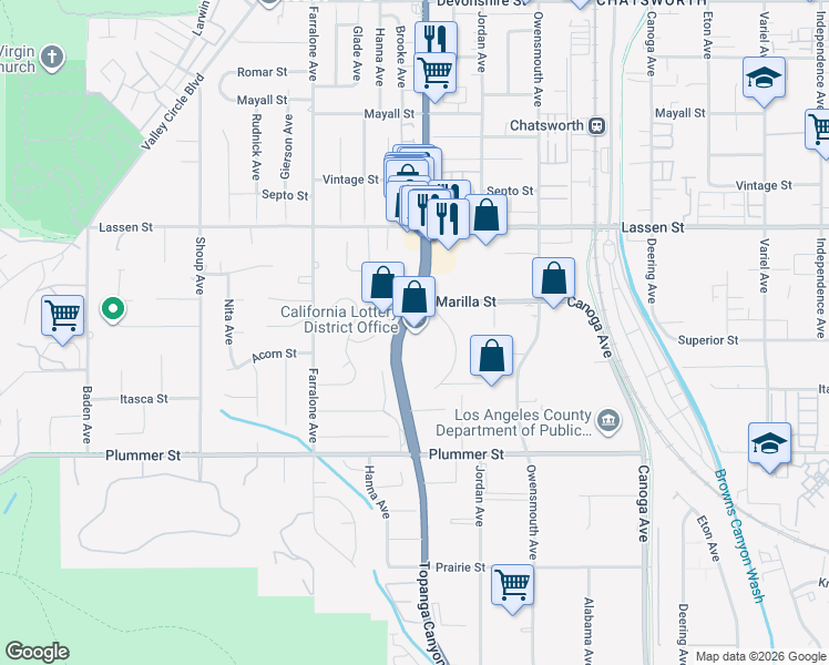 map of restaurants, bars, coffee shops, grocery stores, and more near 9710 Topanga Canyon Boulevard in Los Angeles