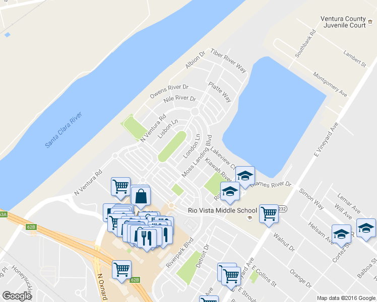 map of restaurants, bars, coffee shops, grocery stores, and more near 3121 London Lane in Oxnard