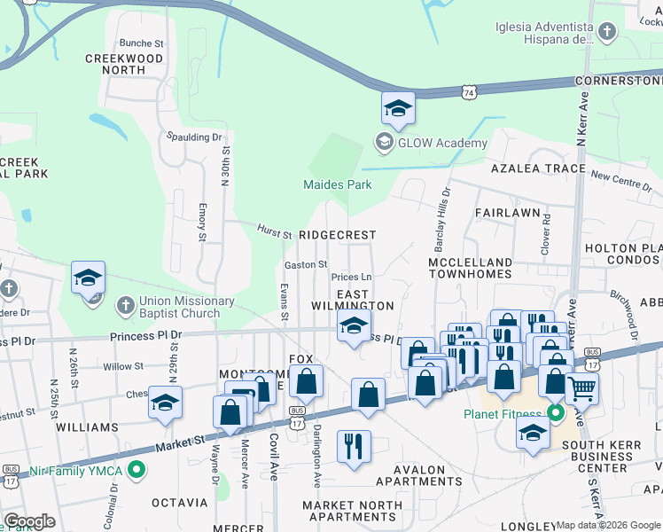 map of restaurants, bars, coffee shops, grocery stores, and more near 509 Manly Avenue in Wilmington