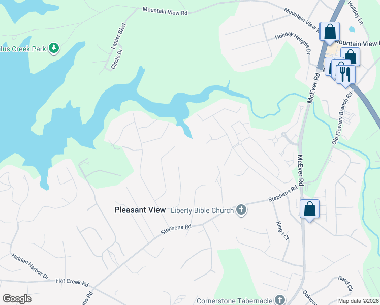 map of restaurants, bars, coffee shops, grocery stores, and more near 5080 Balus Drive in Gainesville