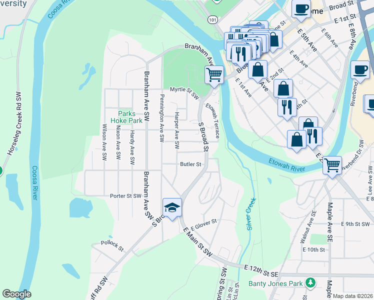 map of restaurants, bars, coffee shops, grocery stores, and more near 11 McGhee Street Southwest in Rome