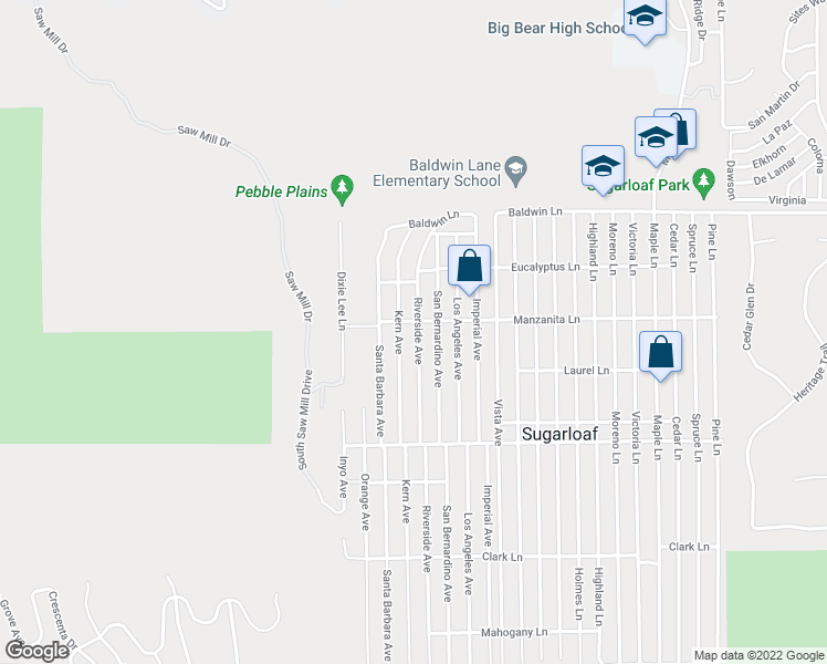 map of restaurants, bars, coffee shops, grocery stores, and more near 312 Riverside Avenue in Big Bear