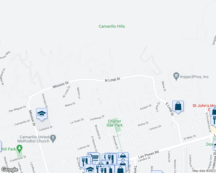 map of restaurants, bars, coffee shops, grocery stores, and more near 50 Lori Lane in Camarillo