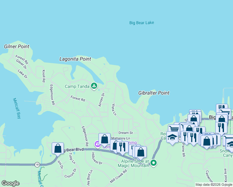 map of restaurants, bars, coffee shops, grocery stores, and more near 341 Vista Lane in Big Bear Lake