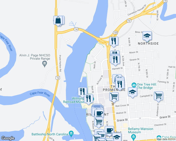map of restaurants, bars, coffee shops, grocery stores, and more near 2 Cowan Street in Wilmington