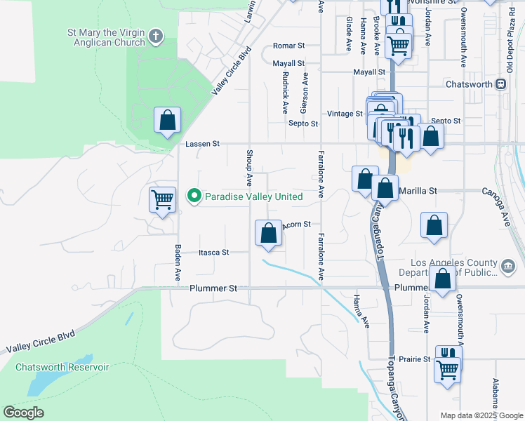 map of restaurants, bars, coffee shops, grocery stores, and more near 9669 Nita Avenue in Los Angeles
