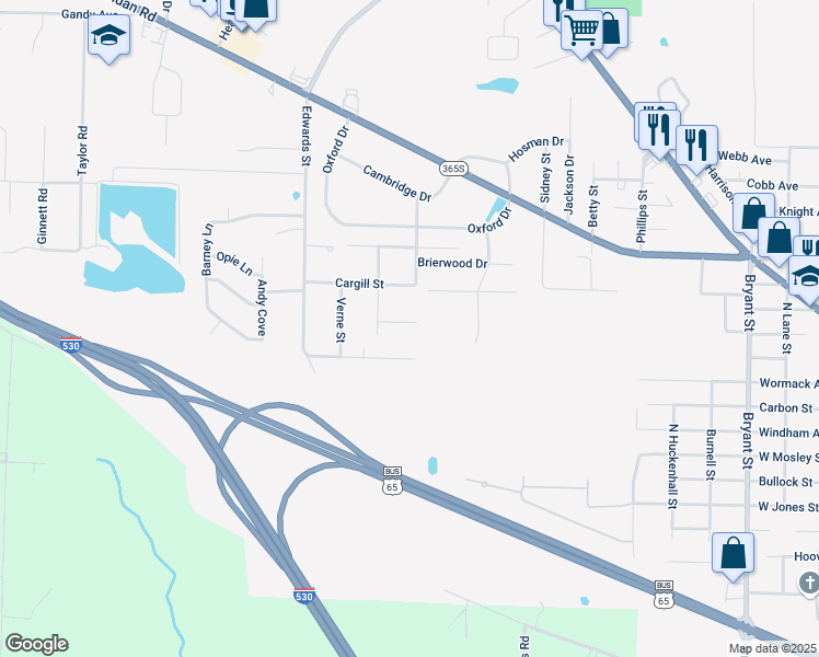 map of restaurants, bars, coffee shops, grocery stores, and more near 100 Myra Avenue in Pine Bluff