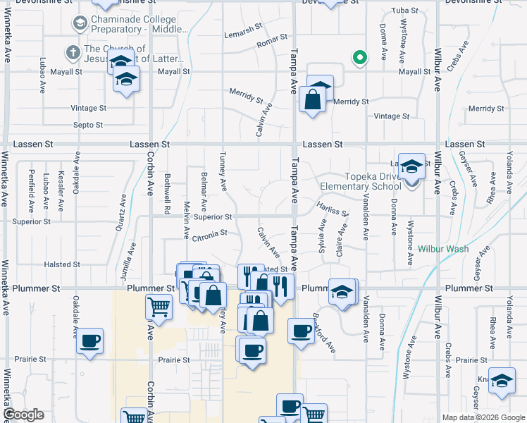 map of restaurants, bars, coffee shops, grocery stores, and more near 9700 Calvin Avenue in Los Angeles