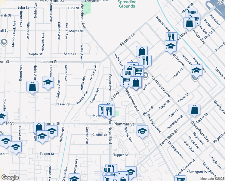 map of restaurants, bars, coffee shops, grocery stores, and more near 9800 Vesper Avenue in Los Angeles