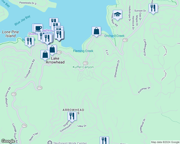 map of restaurants, bars, coffee shops, grocery stores, and more near 28449 Fresh Spring Lane in Lake Arrowhead