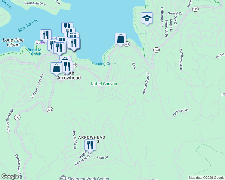map of restaurants, bars, coffee shops, grocery stores, and more near 28453 Fresh Spring Lane in Lake Arrowhead