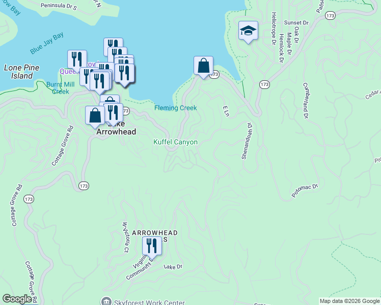 map of restaurants, bars, coffee shops, grocery stores, and more near 28449 Fresh Spring Lane in Lake Arrowhead