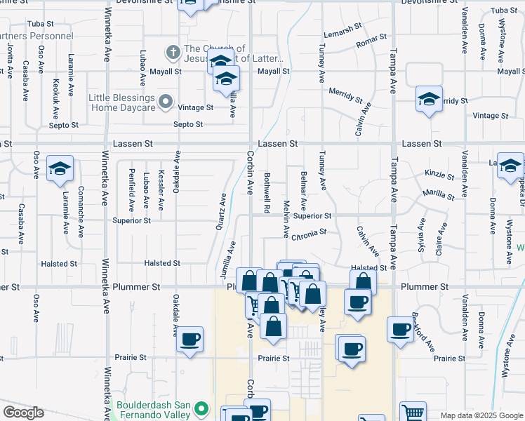 map of restaurants, bars, coffee shops, grocery stores, and more near 9701 Bothwell Road in Los Angeles