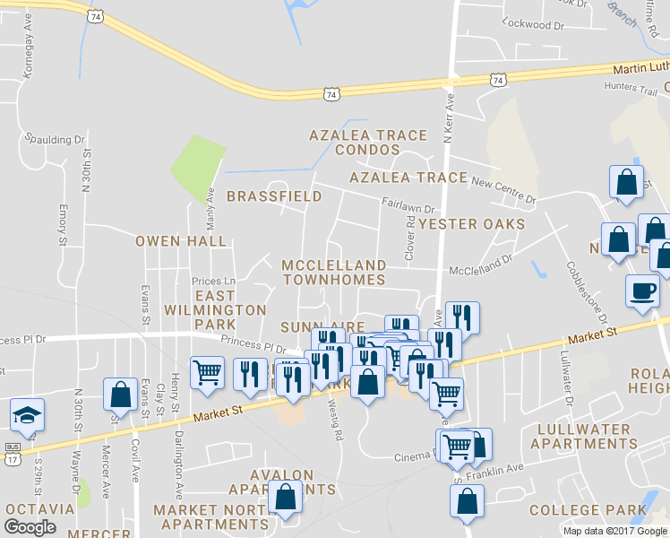 map of restaurants, bars, coffee shops, grocery stores, and more near 341 Saint Rosea Road in Wilmington