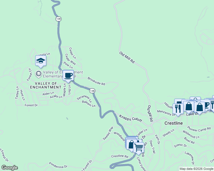 map of restaurants, bars, coffee shops, grocery stores, and more near 23171 Brookside Road in Crestline