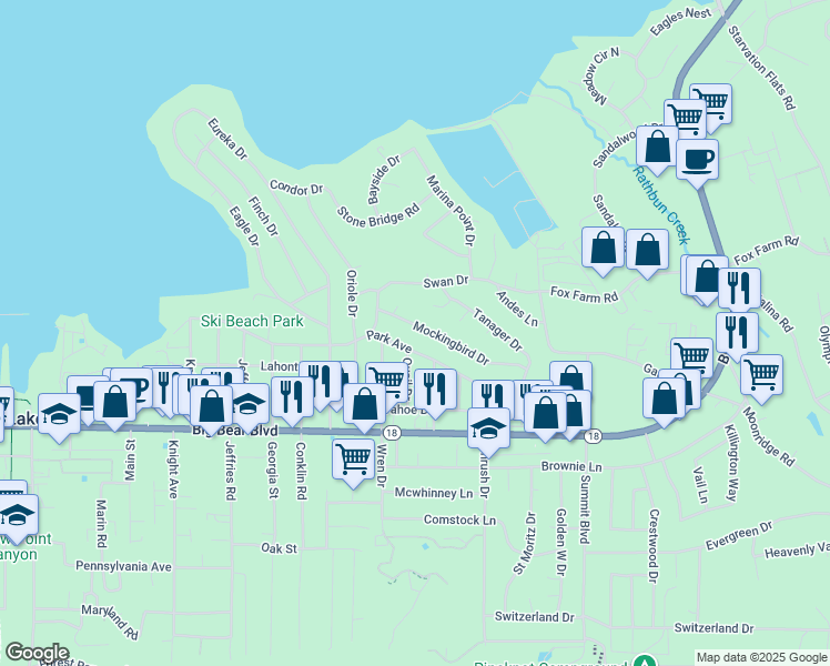 map of restaurants, bars, coffee shops, grocery stores, and more near 41581 Mockingbird Drive in Big Bear Lake