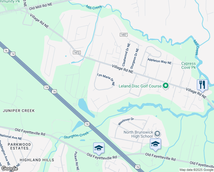 map of restaurants, bars, coffee shops, grocery stores, and more near 9372 Lyn Marie Drive Northeast in Leland