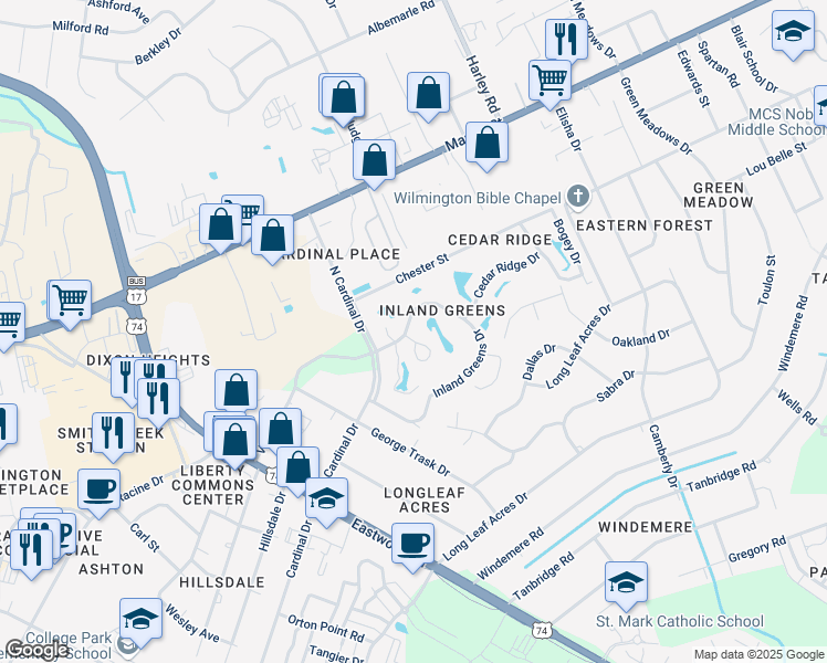 map of restaurants, bars, coffee shops, grocery stores, and more near 201 Inland Greens Circle in Wilmington