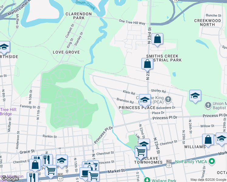 map of restaurants, bars, coffee shops, grocery stores, and more near 2114 Klein Road in Wilmington