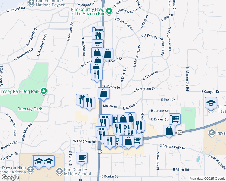 map of restaurants, bars, coffee shops, grocery stores, and more near 203 East Zurich Drive in Payson