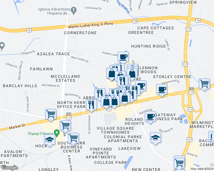 map of restaurants, bars, coffee shops, grocery stores, and more near 402 Cobblestone Drive in Wilmington