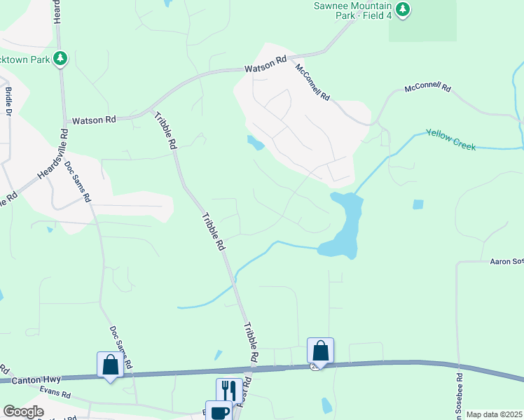 map of restaurants, bars, coffee shops, grocery stores, and more near 4045 Bluff Creek Drive in Cumming