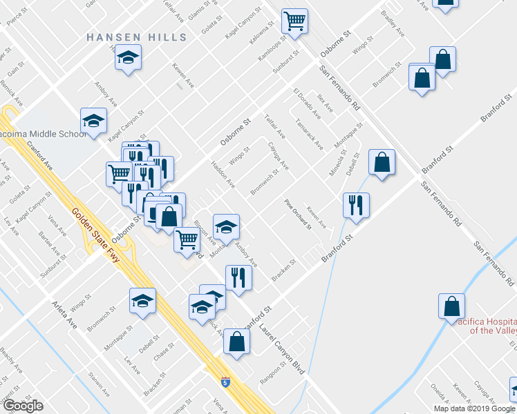 map of restaurants, bars, coffee shops, grocery stores, and more near 12865 Montague Street in Los Angeles