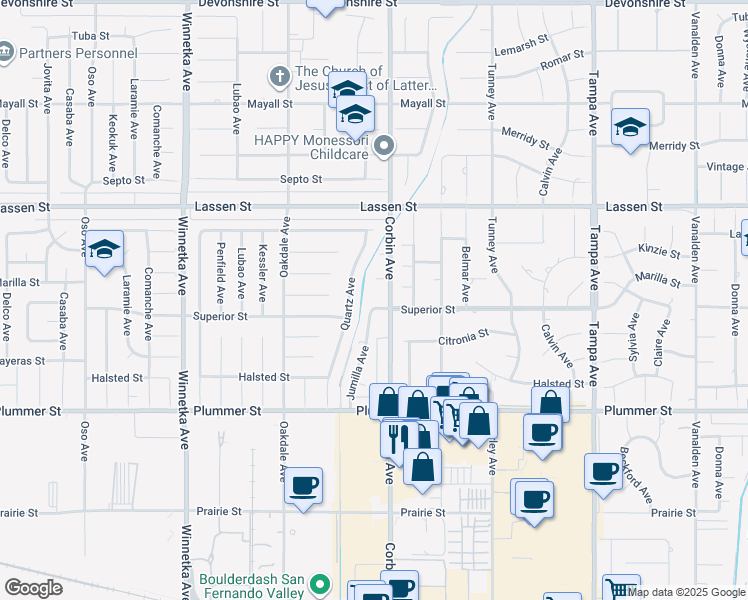 map of restaurants, bars, coffee shops, grocery stores, and more near 19713 Superior Street in Los Angeles