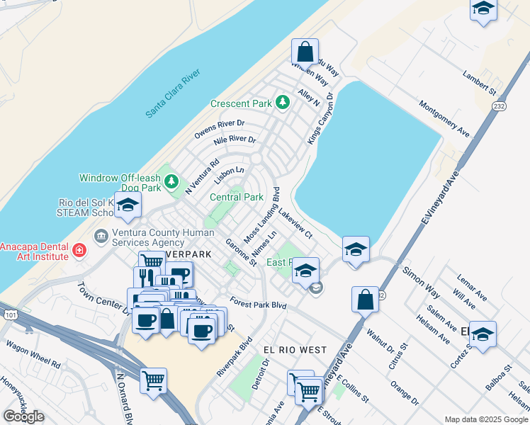 map of restaurants, bars, coffee shops, grocery stores, and more near 3157 Moss Landing Boulevard in Oxnard