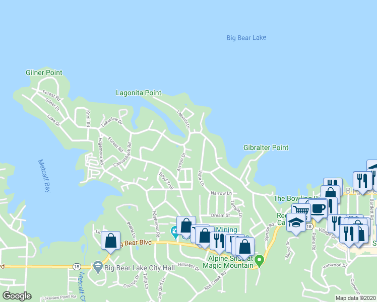 map of restaurants, bars, coffee shops, grocery stores, and more near 335 Arroyo Drive in Big Bear Lake