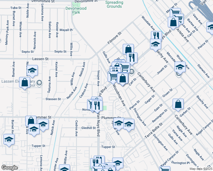 map of restaurants, bars, coffee shops, grocery stores, and more near 159 Van Nuys Boulevard in Los Angeles