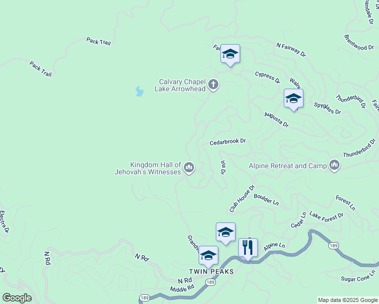 map of restaurants, bars, coffee shops, grocery stores, and more near 375 Grandview Road in Lake Arrowhead
