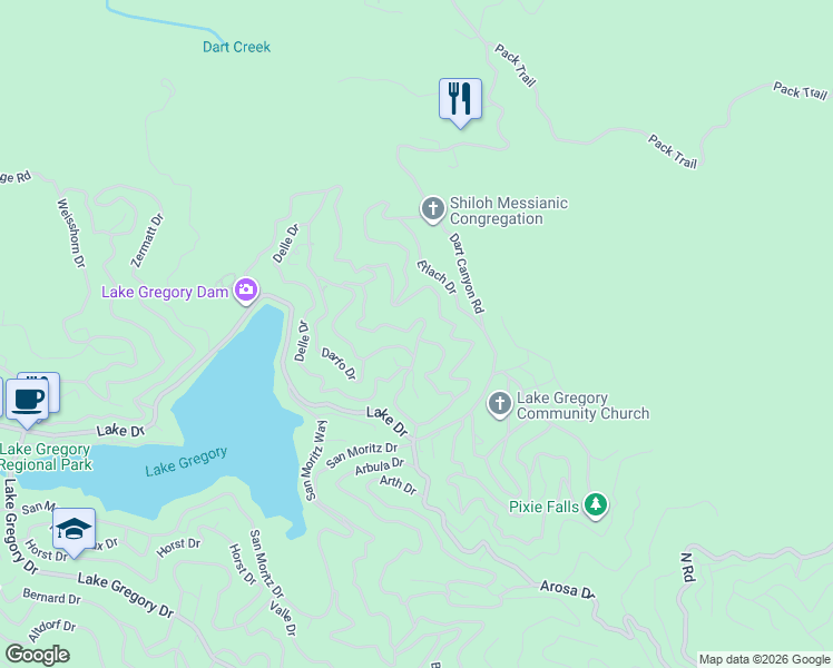 map of restaurants, bars, coffee shops, grocery stores, and more near 382 Davos Drive in Crestline