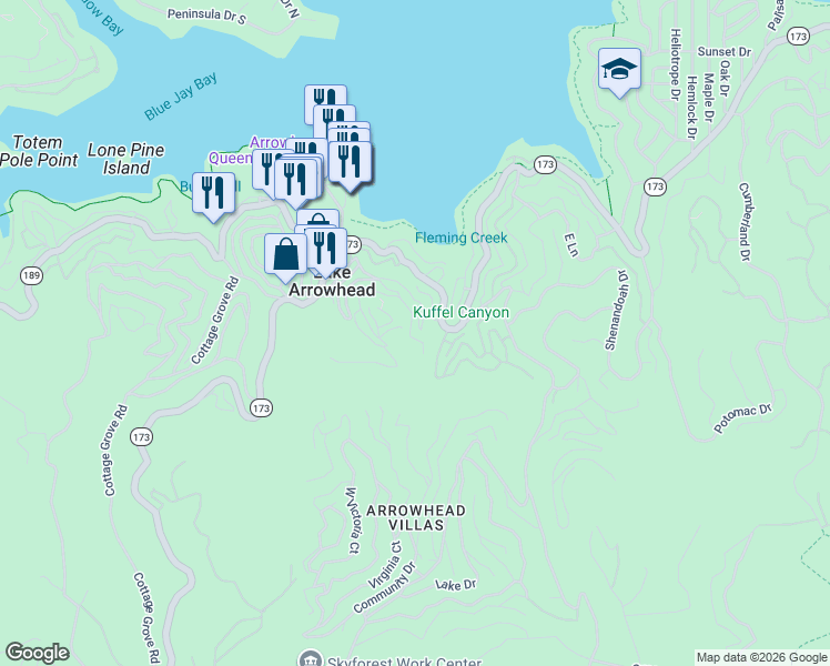 map of restaurants, bars, coffee shops, grocery stores, and more near 382 Primrose Circle in Lake Arrowhead