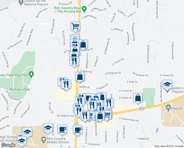 map of restaurants, bars, coffee shops, grocery stores, and more near 203 East Zurich Drive in Payson
