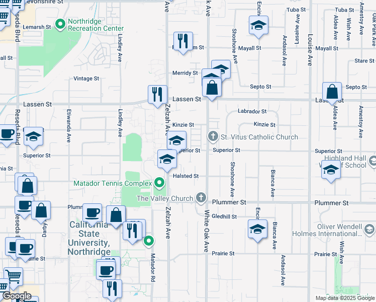 map of restaurants, bars, coffee shops, grocery stores, and more near 17720 Superior Street in Los Angeles