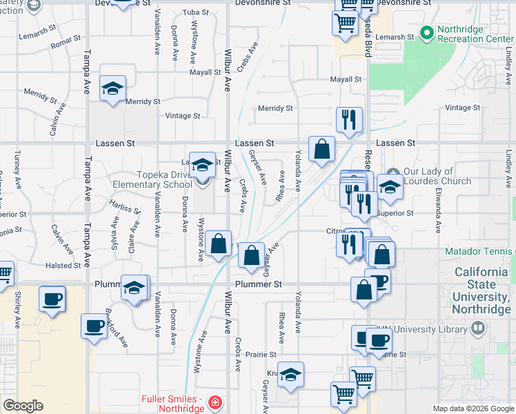 map of restaurants, bars, coffee shops, grocery stores, and more near 9700 Crebs Avenue in Los Angeles